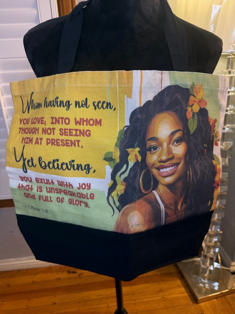 Black Canvas Tote Bag with Colorful Inspirational Print